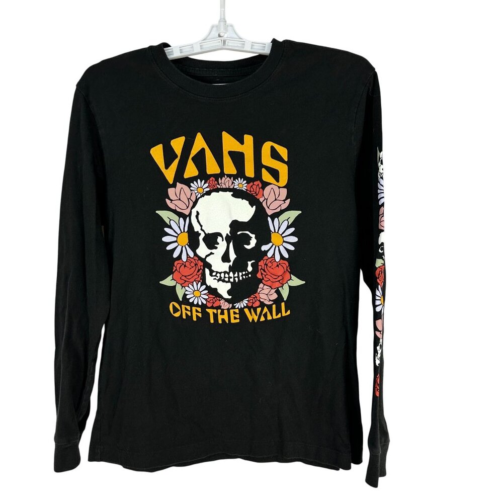 Vans Off The Wall Size Small Skull And Floral Long Sleeve Black Graphic Shirt